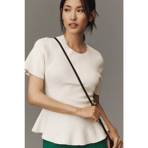 Anthropologie Endless Rose Size Large Pale Yellow Short Sleeve Peplum Knit Top